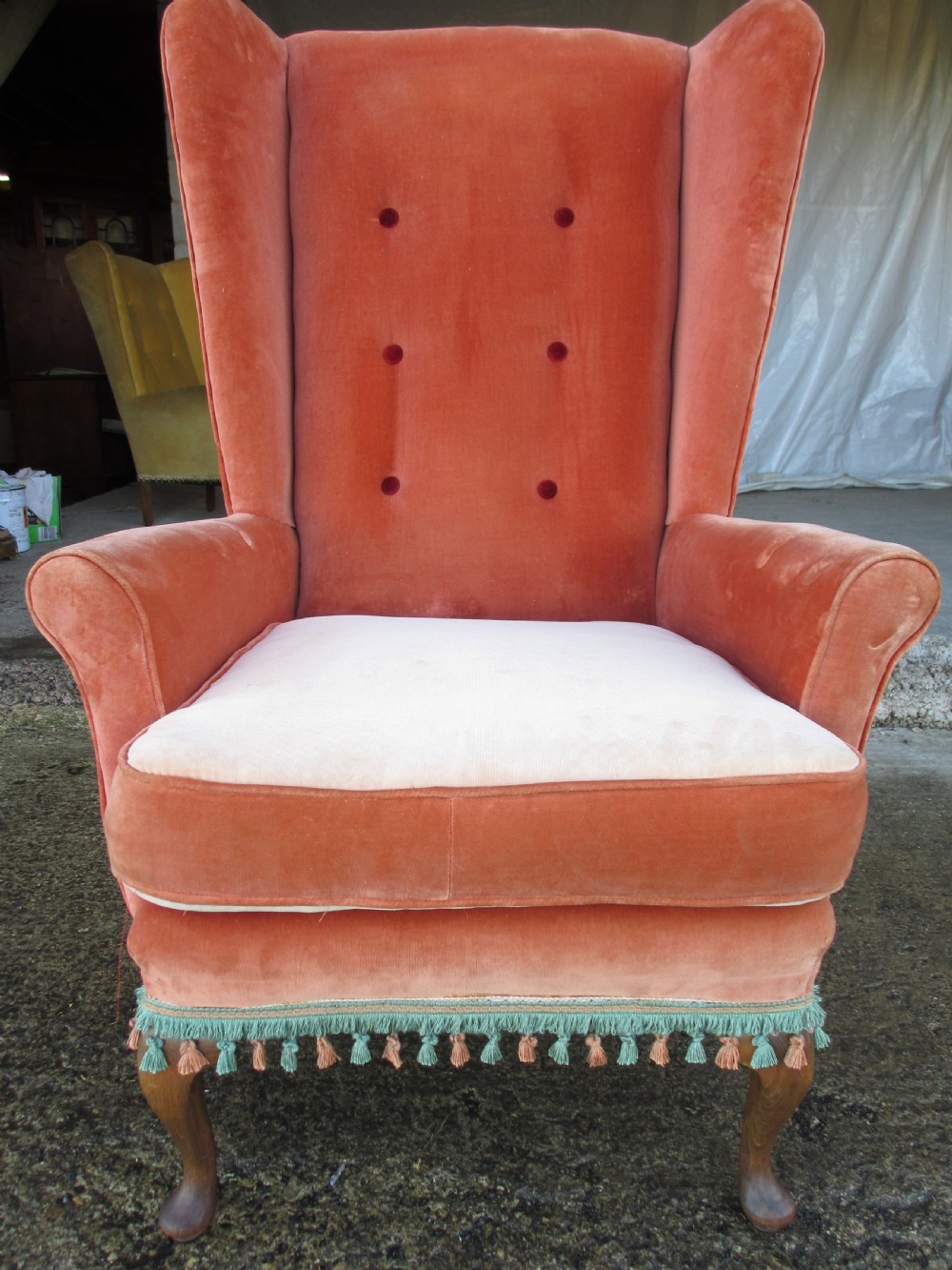 Pair Georgian style high wing back easy armchairs cabriole legs C1910 View VII