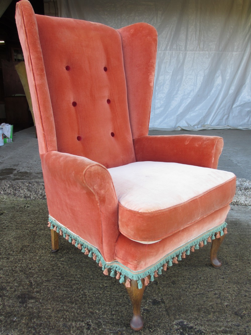 Pair Georgian style high wing back easy armchairs cabriole legs C1910 View VIII