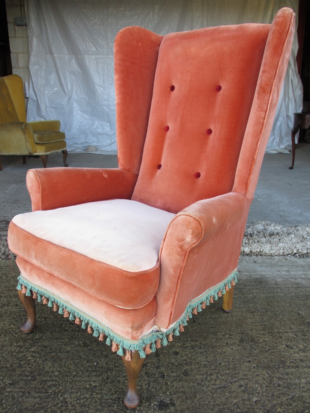 Pair Georgian style high wing back easy armchairs cabriole legs C1910 View IX