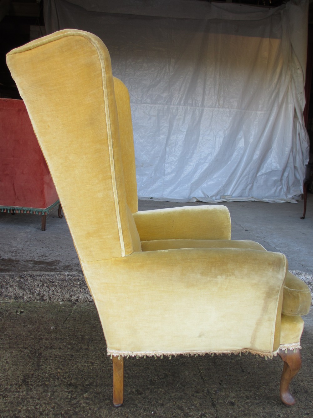 Pair Georgian style high wing back easy armchairs cabriole legs C1910 View XIII
