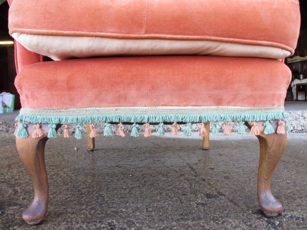 Pair Georgian style high wing back easy armchairs cabriole legs C1910 View XV