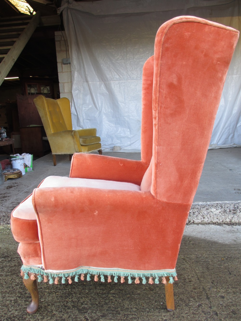 Pair Georgian style high wing back easy armchairs cabriole legs C1910 View XVI