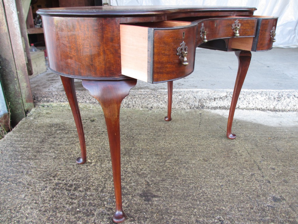 Edwardian Mahogany kidney writing desk with tooled leather and 3 drawers View VIII