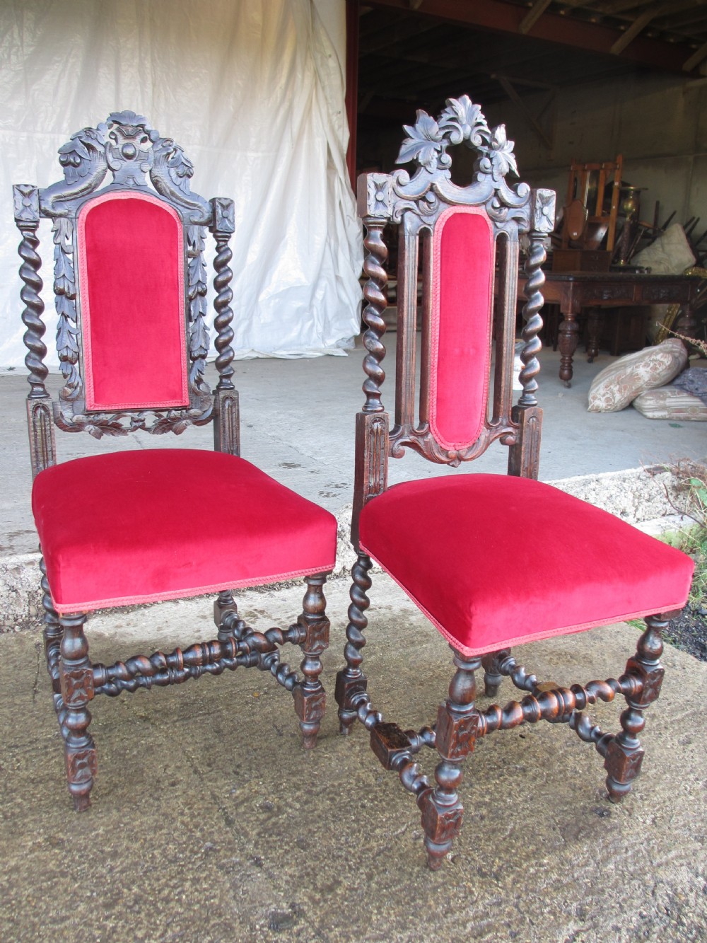 Pair Victorian carved oak barley twist upholstered side chairs with floral leaf carving View II