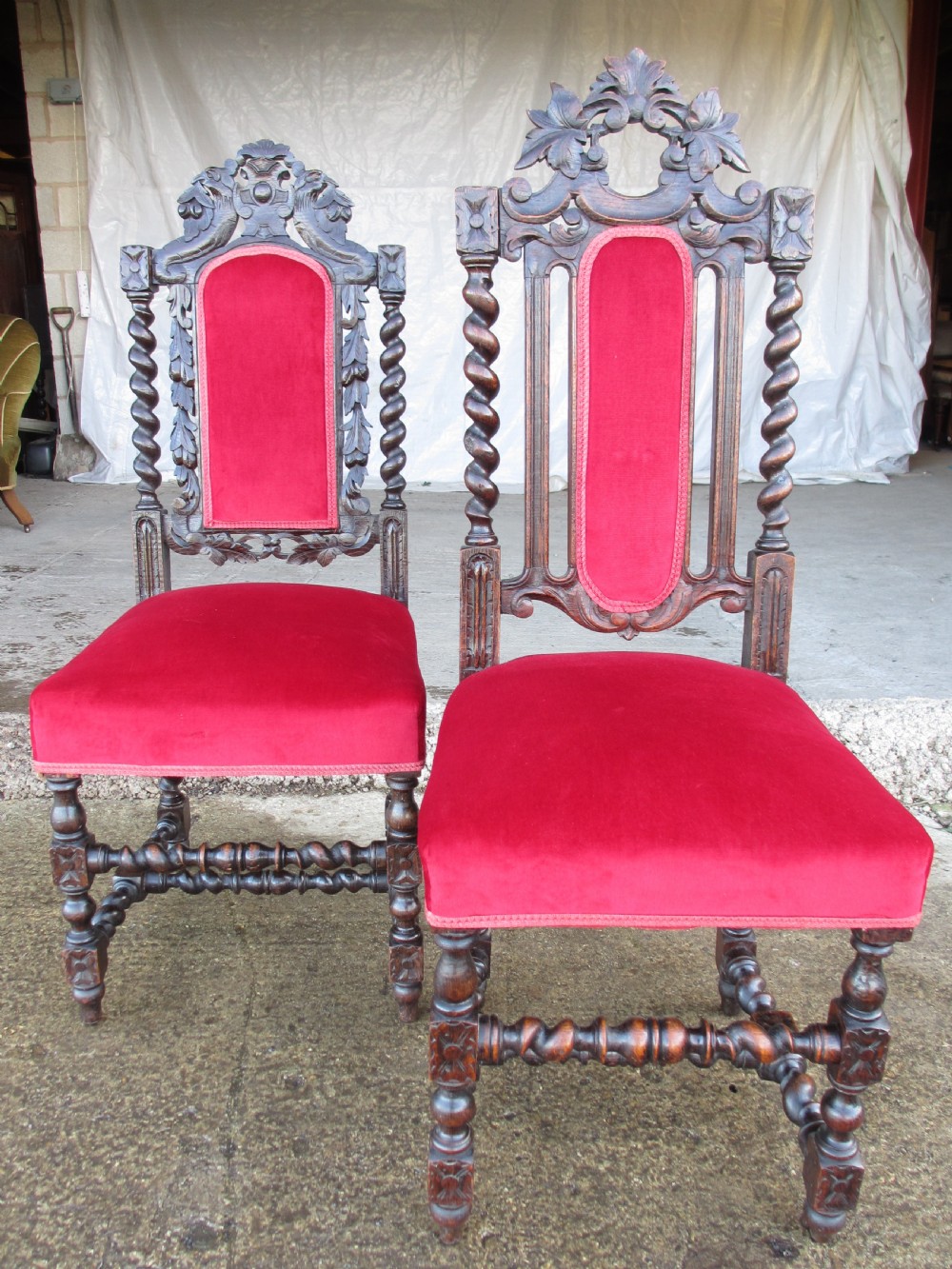 Pair Victorian carved oak barley twist upholstered side chairs with floral leaf carving View III