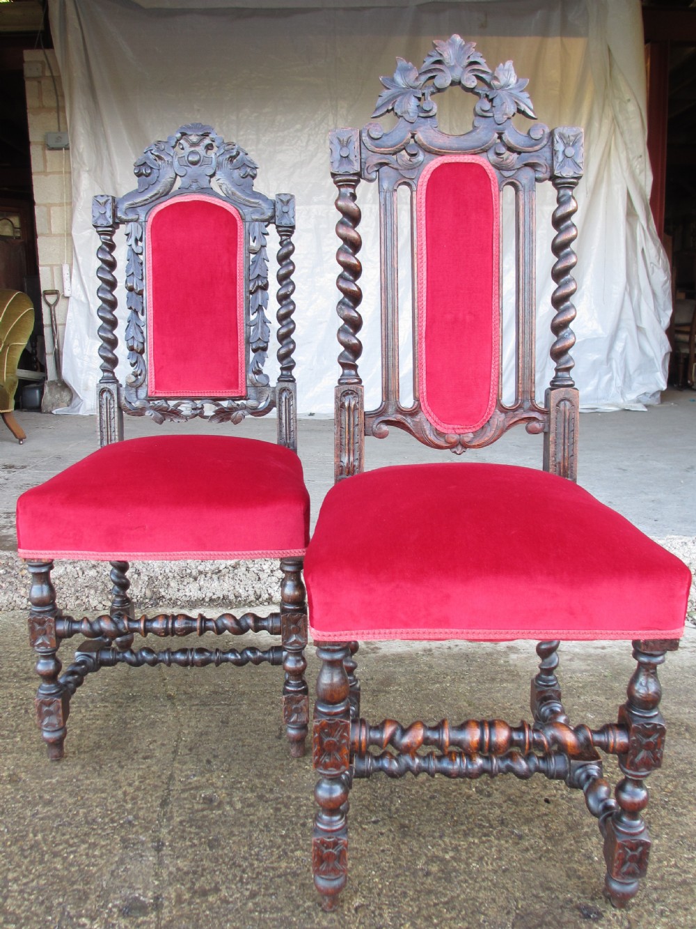 Pair Victorian carved oak barley twist upholstered side chairs with floral leaf carving View IV