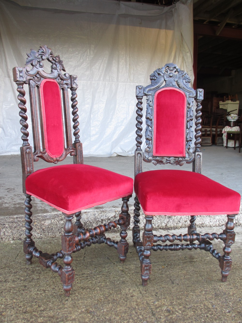 Pair Victorian carved oak barley twist upholstered side chairs with floral leaf carving View V