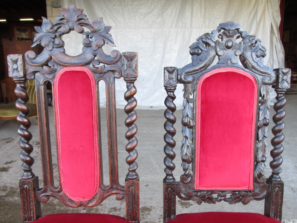 Pair Victorian carved oak barley twist upholstered side chairs with floral leaf carving View VI