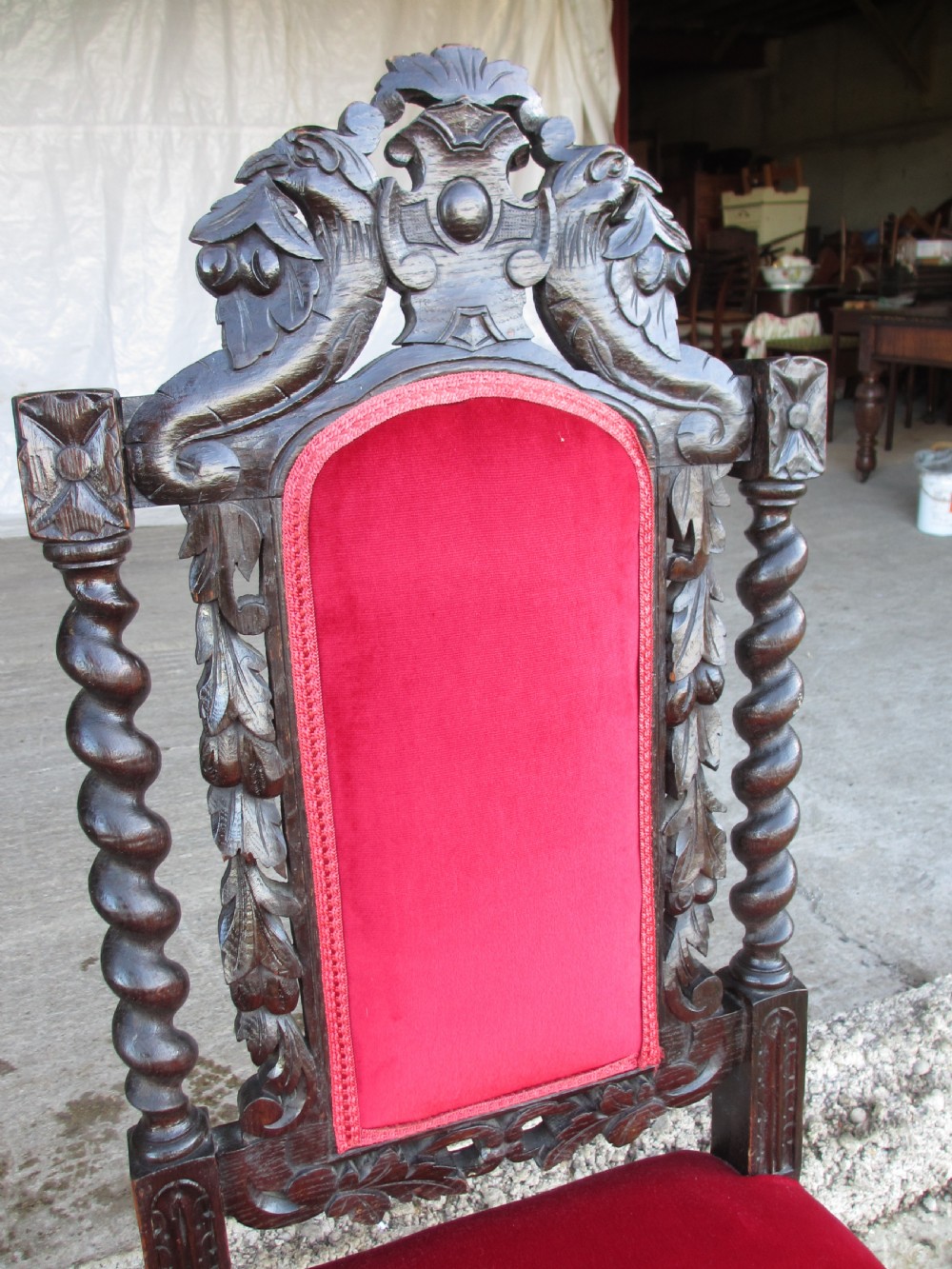 Pair Victorian carved oak barley twist upholstered side chairs with floral leaf carving View VII