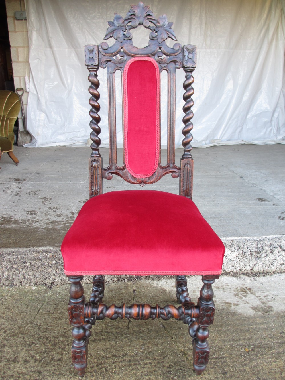 Pair Victorian carved oak barley twist upholstered side chairs with floral leaf carving View VIII