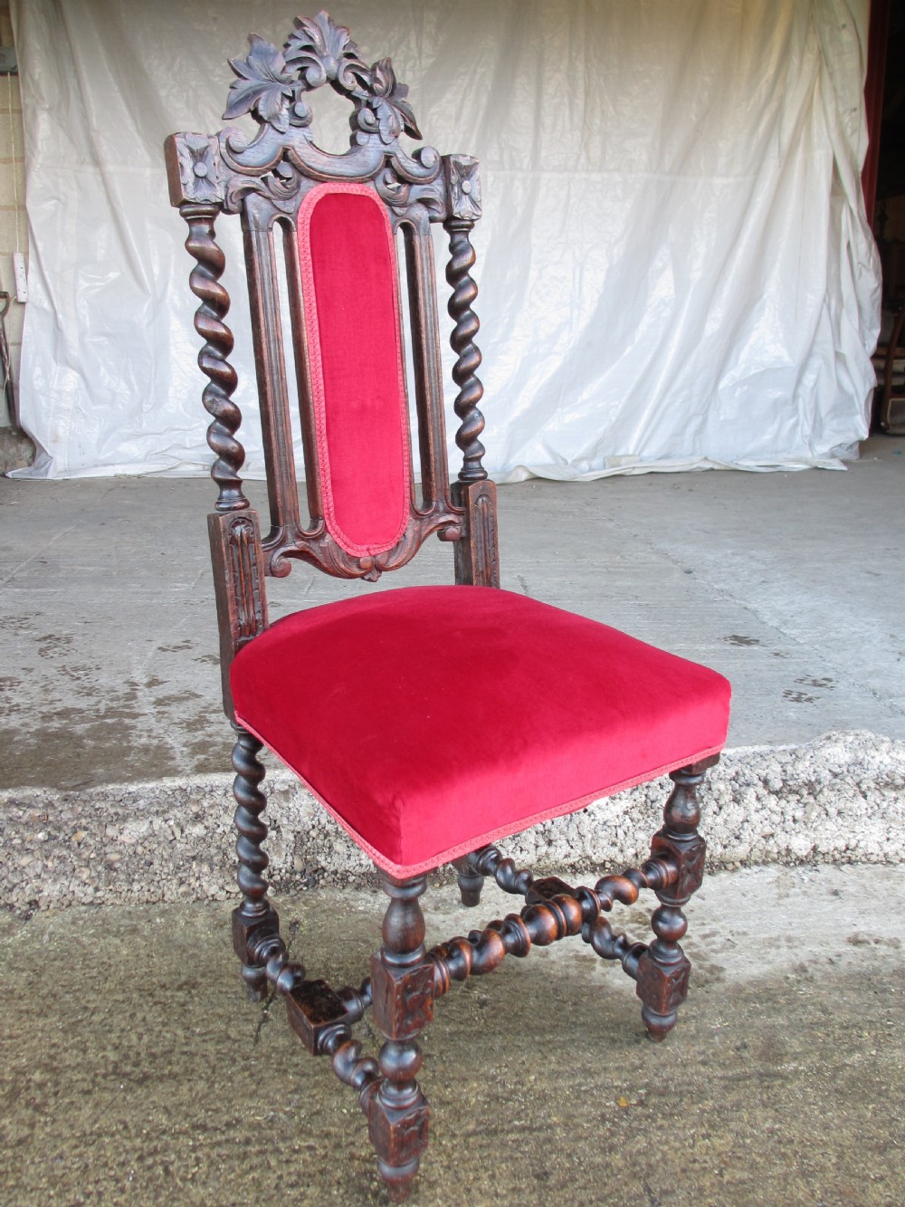 Pair Victorian carved oak barley twist upholstered side chairs with floral leaf carving View IX