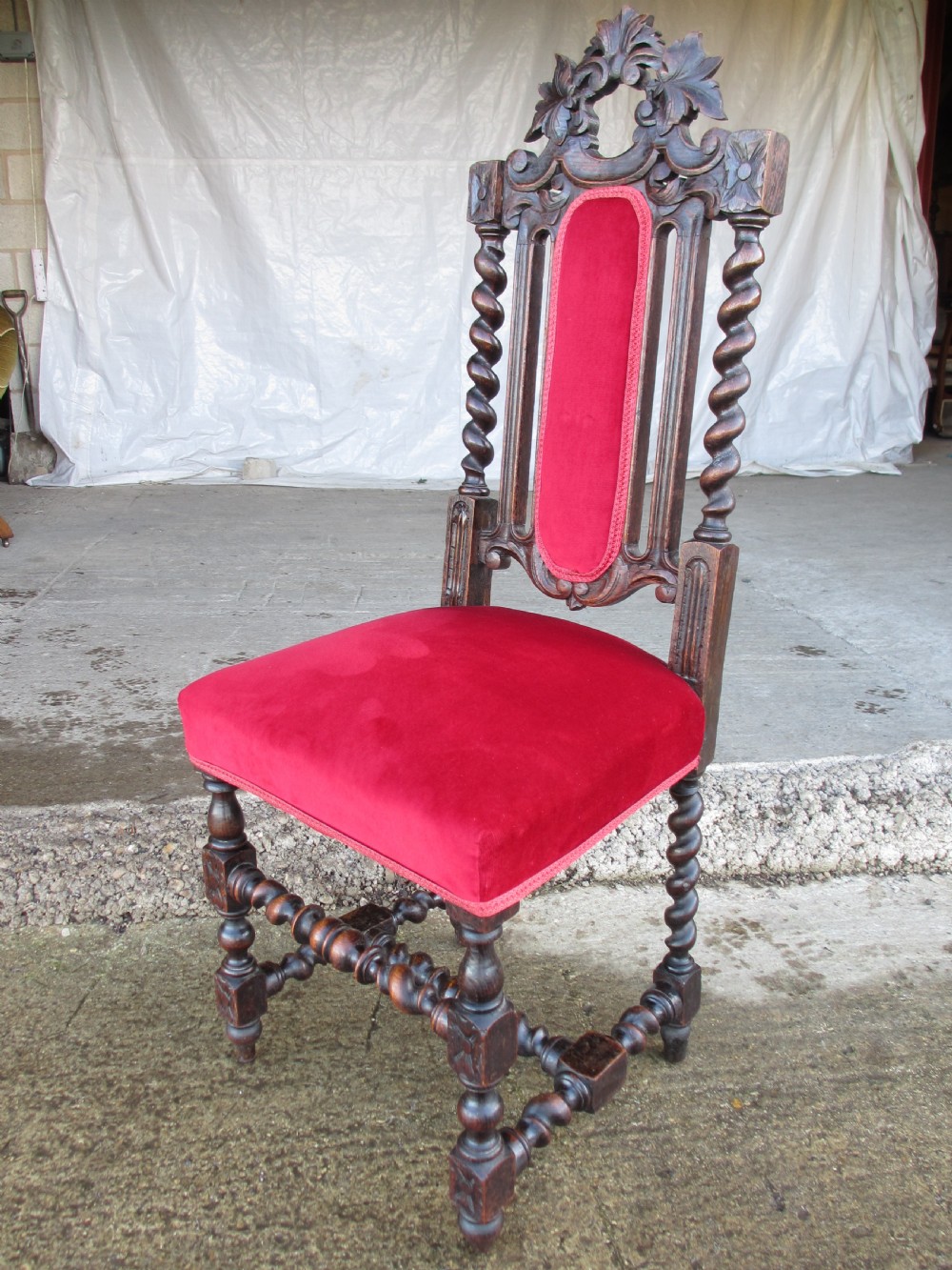 Pair Victorian carved oak barley twist upholstered side chairs with floral leaf carving View X
