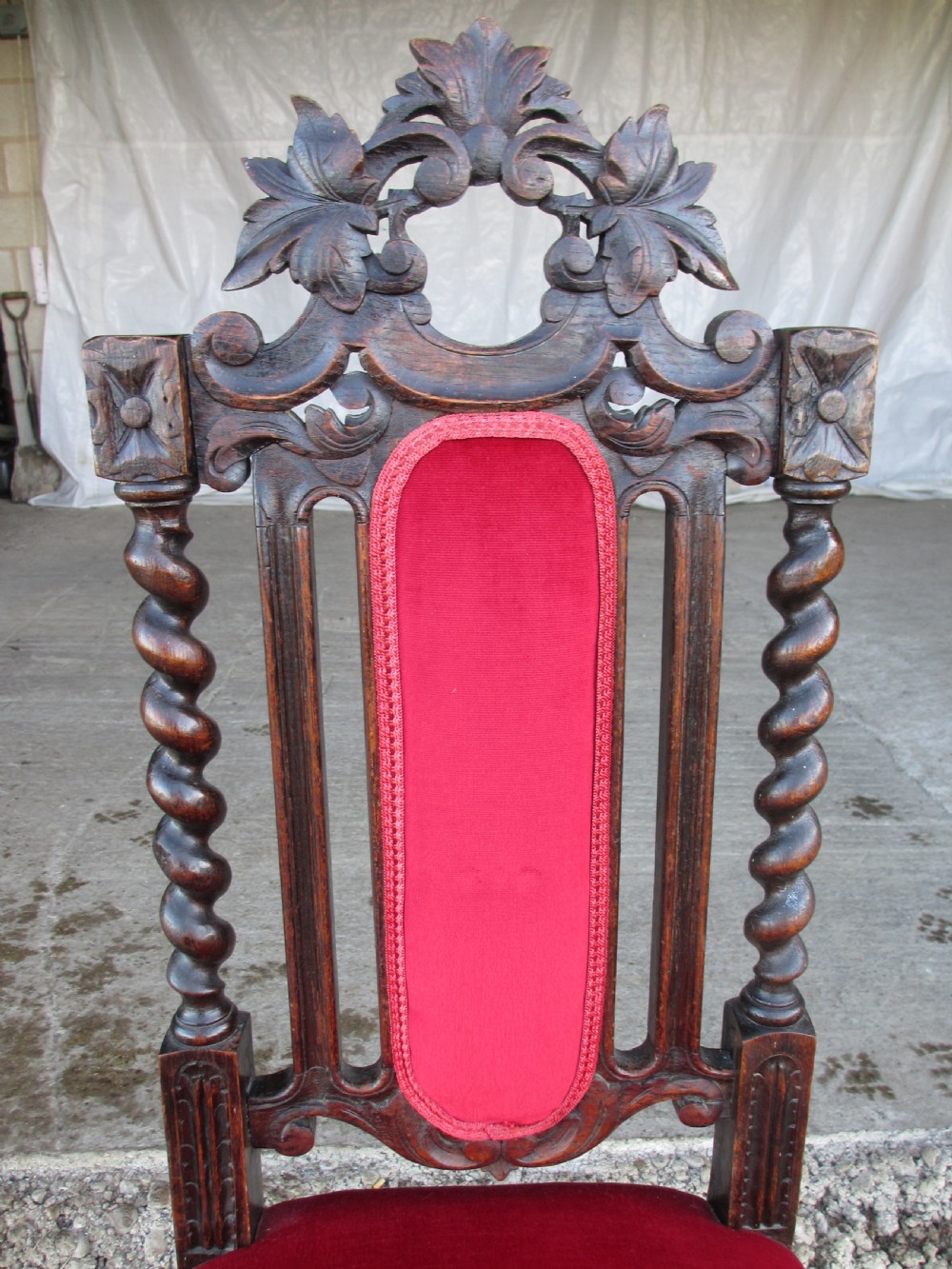 Pair Victorian carved oak barley twist upholstered side chairs with floral leaf carving View XI