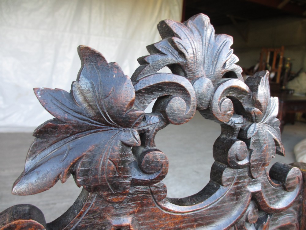 Pair Victorian carved oak barley twist upholstered side chairs with floral leaf carving View XII