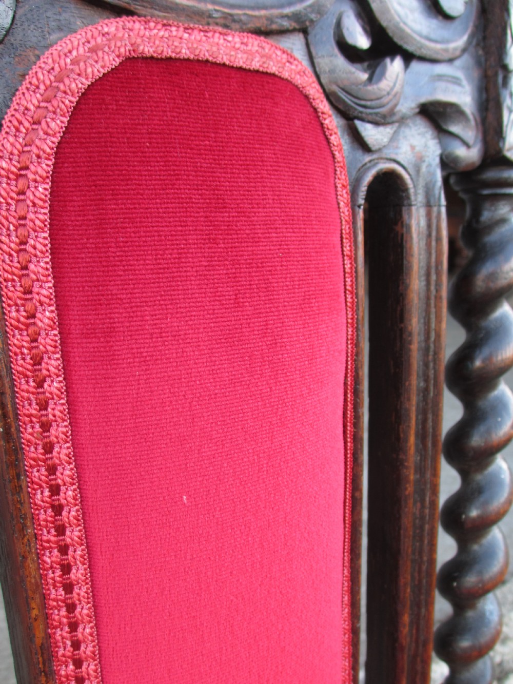 Pair Victorian carved oak barley twist upholstered side chairs with floral leaf carving View XIV