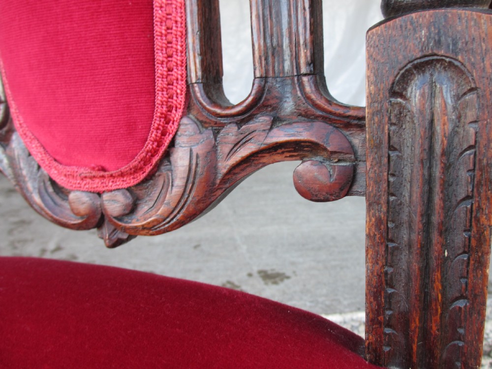 Pair Victorian carved oak barley twist upholstered side chairs with floral leaf carving View XV