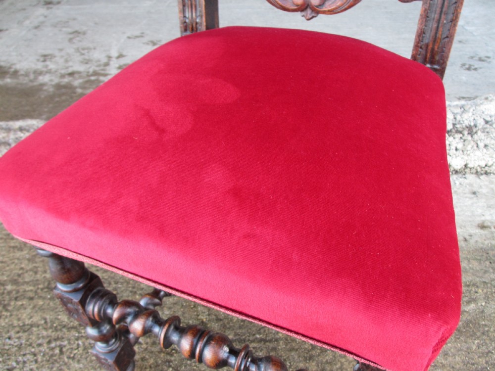 Pair Victorian carved oak barley twist upholstered side chairs with floral leaf carving View XVI