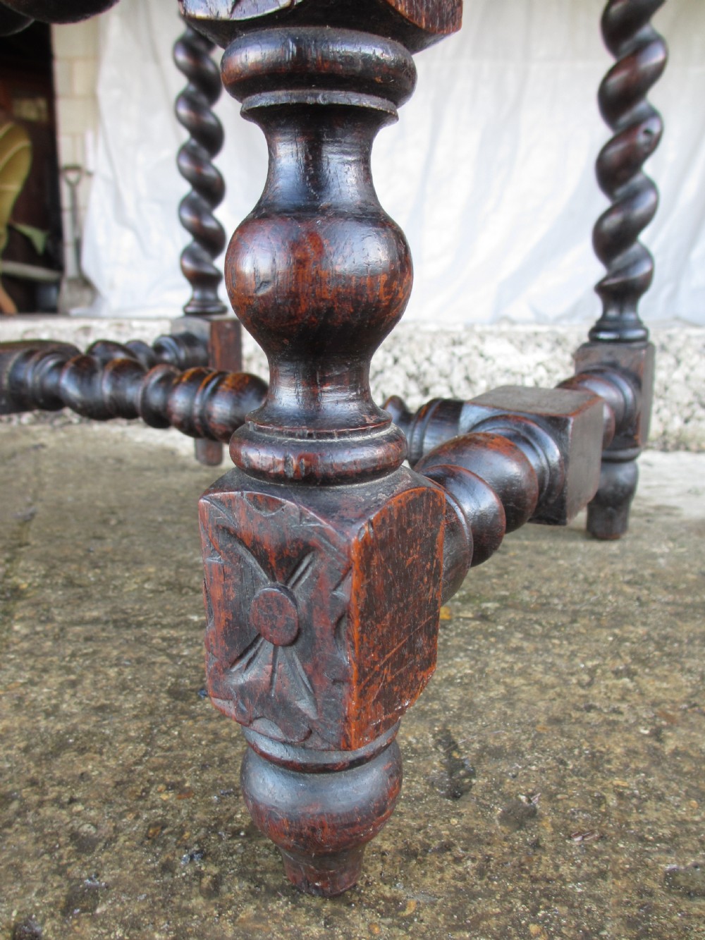 Pair Victorian carved oak barley twist upholstered side chairs with floral leaf carving View XIX