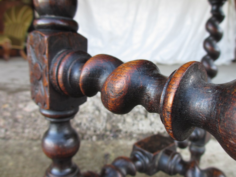 Pair Victorian carved oak barley twist upholstered side chairs with floral leaf carving View XXI