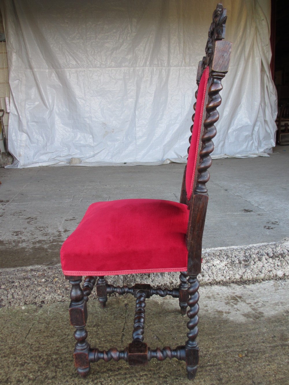 Pair Victorian carved oak barley twist upholstered side chairs with floral leaf carving View XXIII