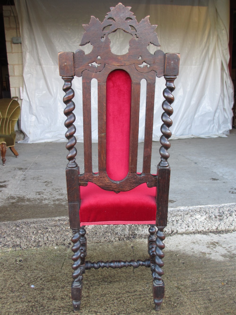 Pair Victorian carved oak barley twist upholstered side chairs with floral leaf carving View XXIV