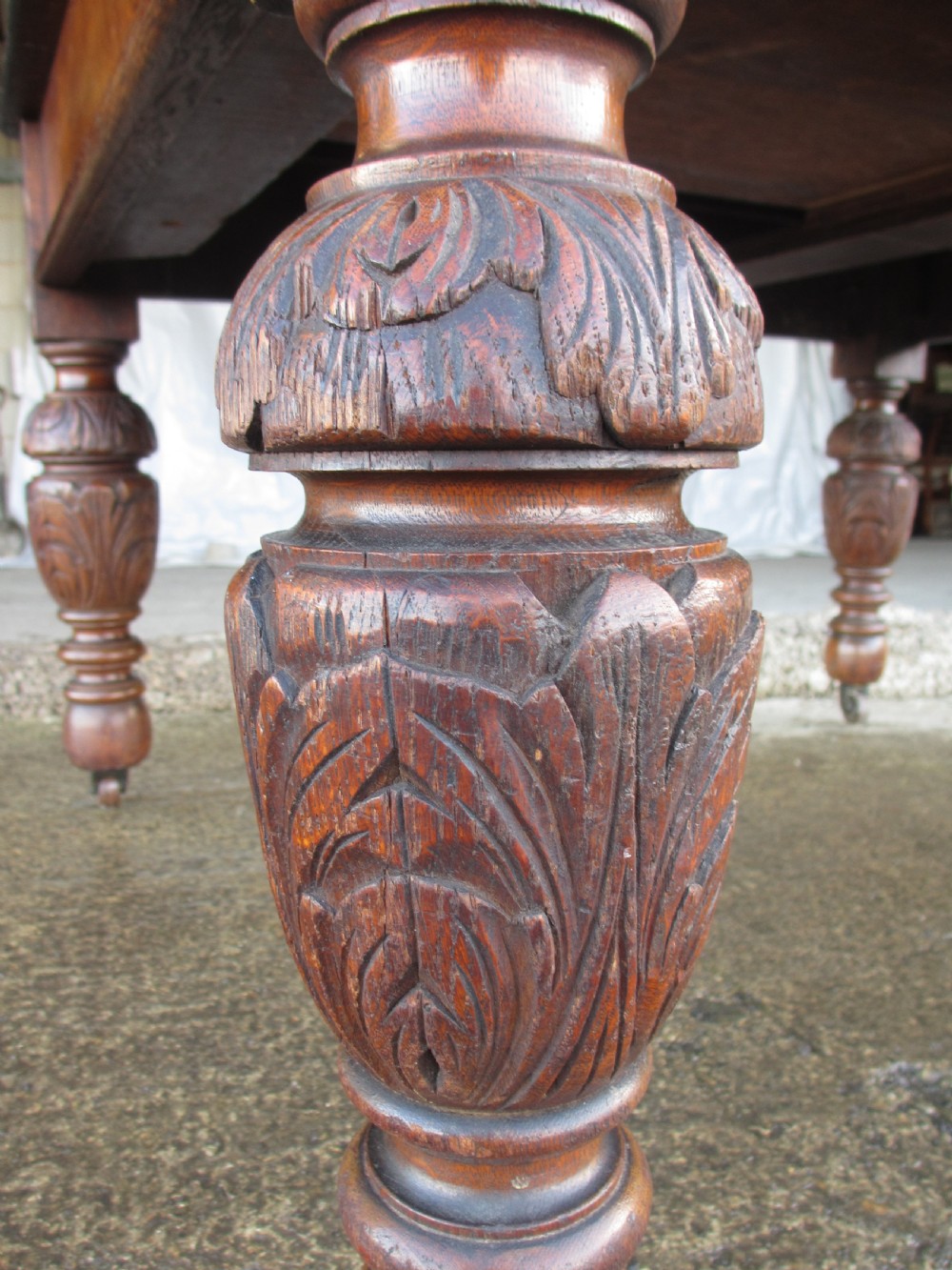 Victorian carved oak green man library writing desk twin drawers carved legs on castors with stops View XI