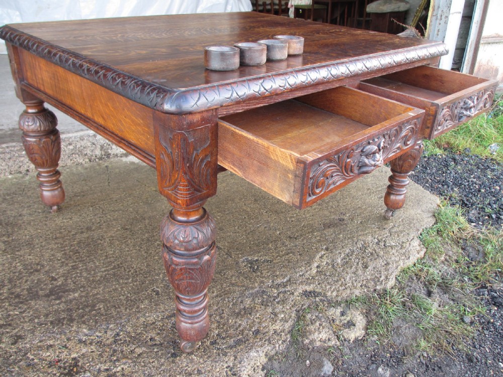 Victorian carved oak green man library writing desk twin drawers carved legs on castors with stops View XIII