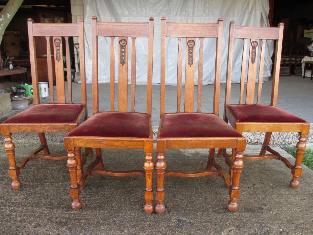 Set of 4 quality Art Nouveau golden oak dining chairs high slatback wavey stretcher