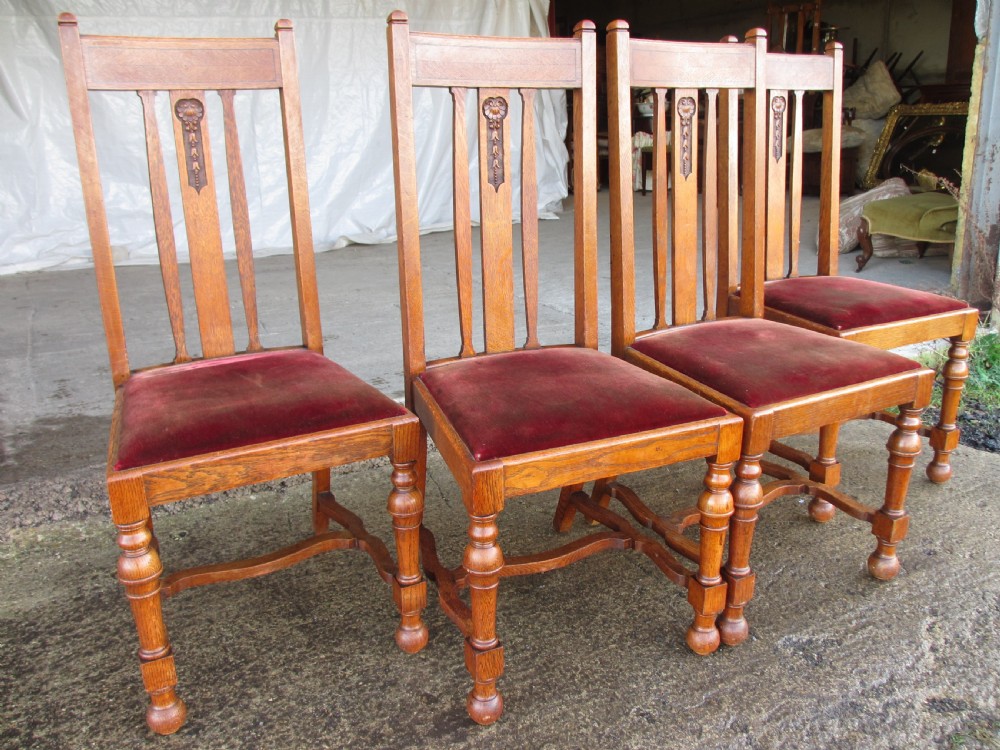 Set of 4 quality Art Nouveau golden oak dining chairs high slatback wavey stretcher View II