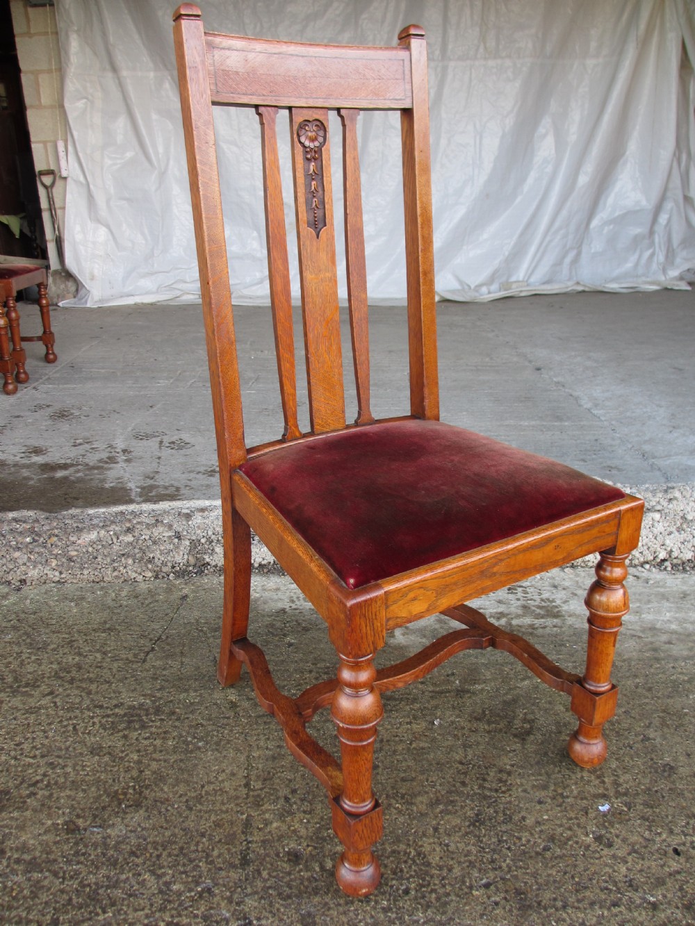Set of 4 quality Art Nouveau golden oak dining chairs high slatback wavey stretcher View III