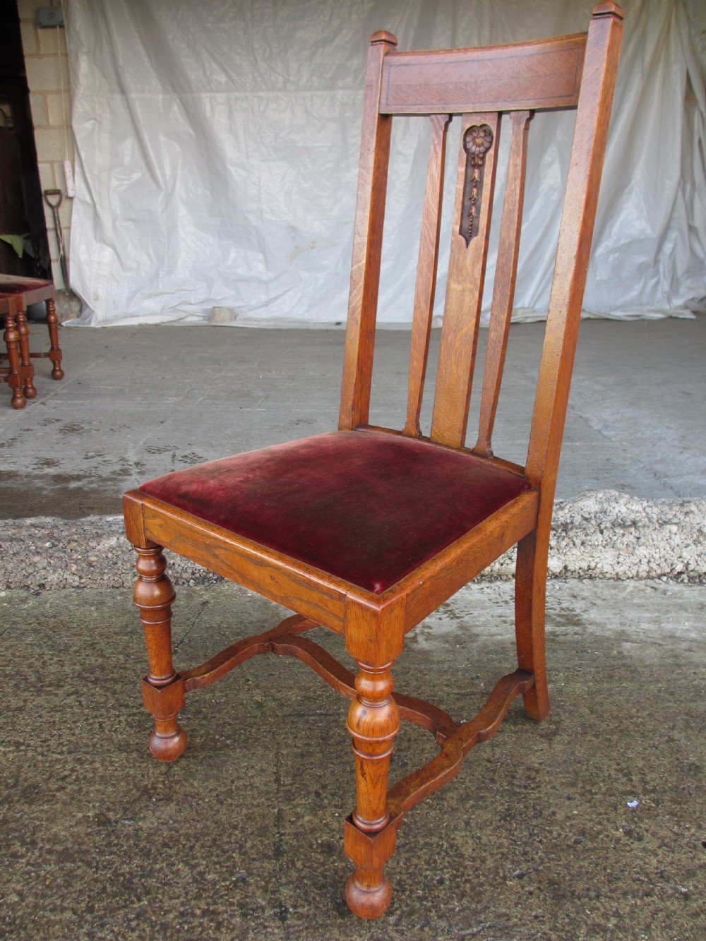 Set of 4 quality Art Nouveau golden oak dining chairs high slatback wavey stretcher View IV