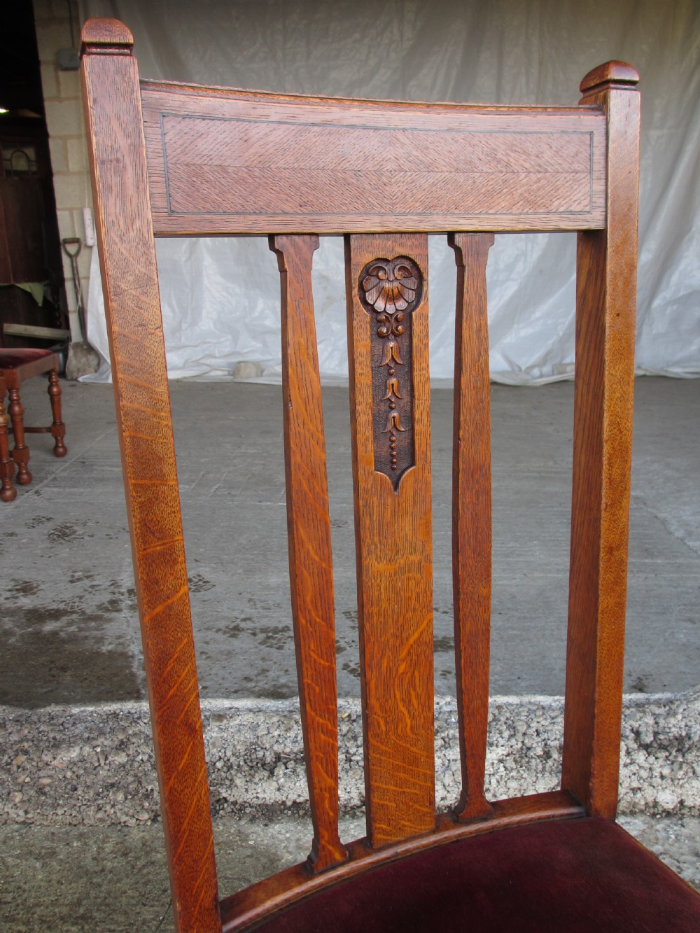Set of 4 quality Art Nouveau golden oak dining chairs high slatback wavey stretcher View V