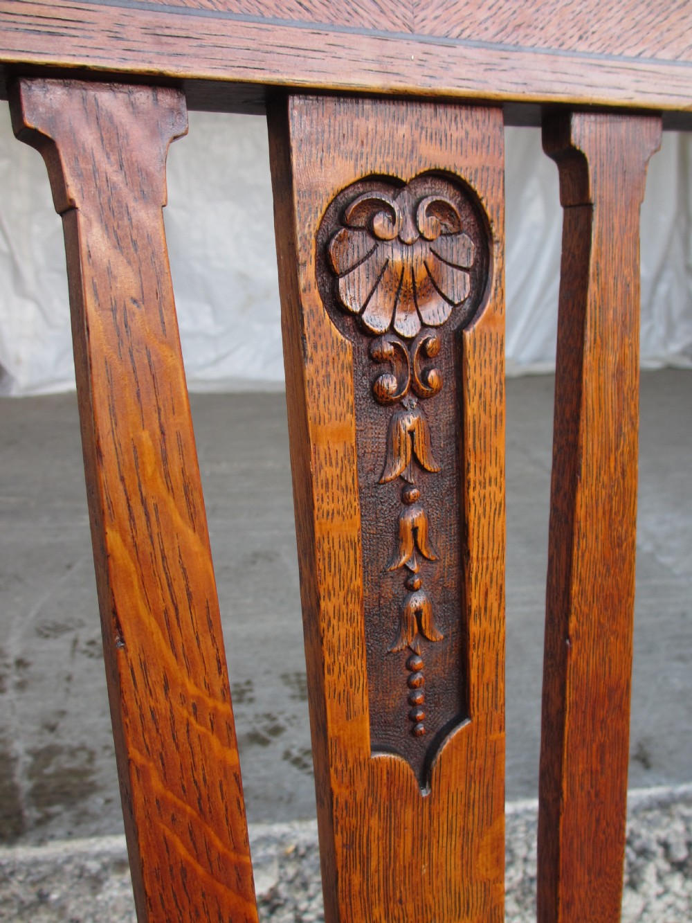 Set of 4 quality Art Nouveau golden oak dining chairs high slatback wavey stretcher View VII