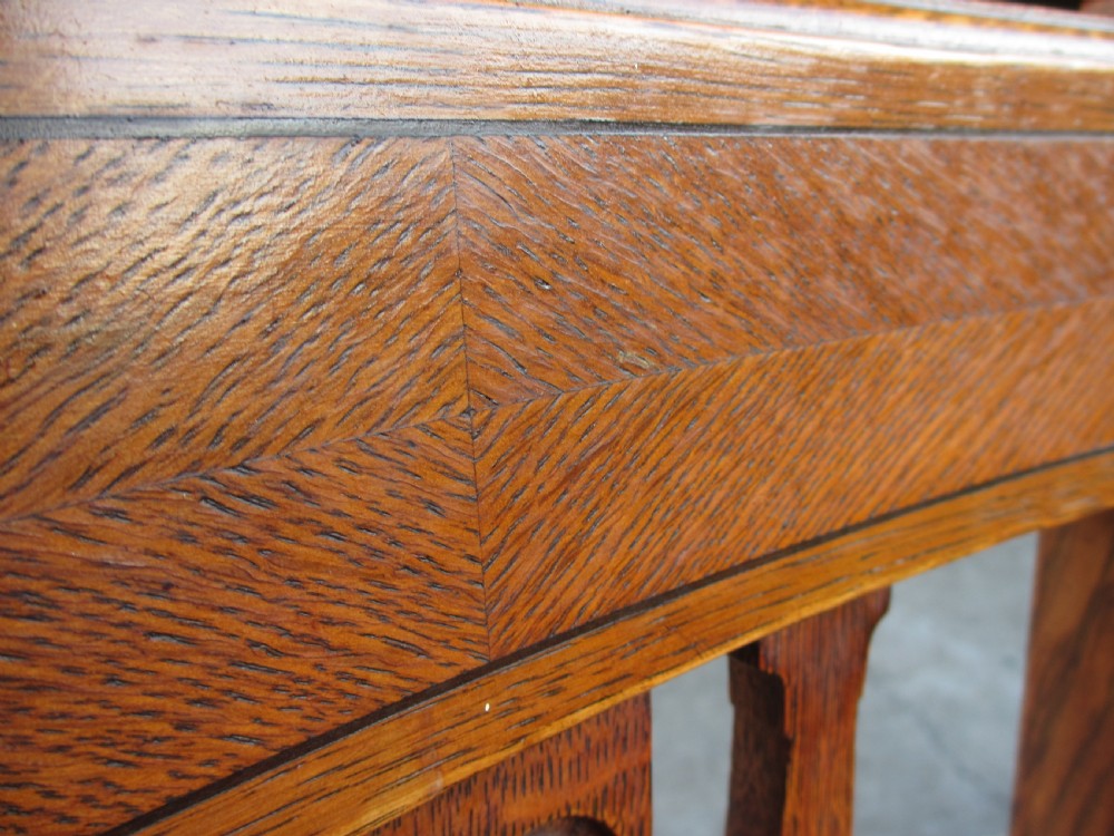 Set of 4 quality Art Nouveau golden oak dining chairs high slatback wavey stretcher View VIII