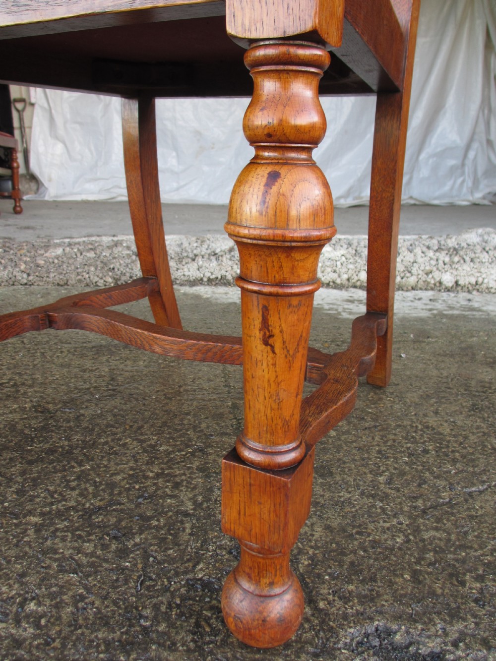 Set of 4 quality Art Nouveau golden oak dining chairs high slatback wavey stretcher View XII