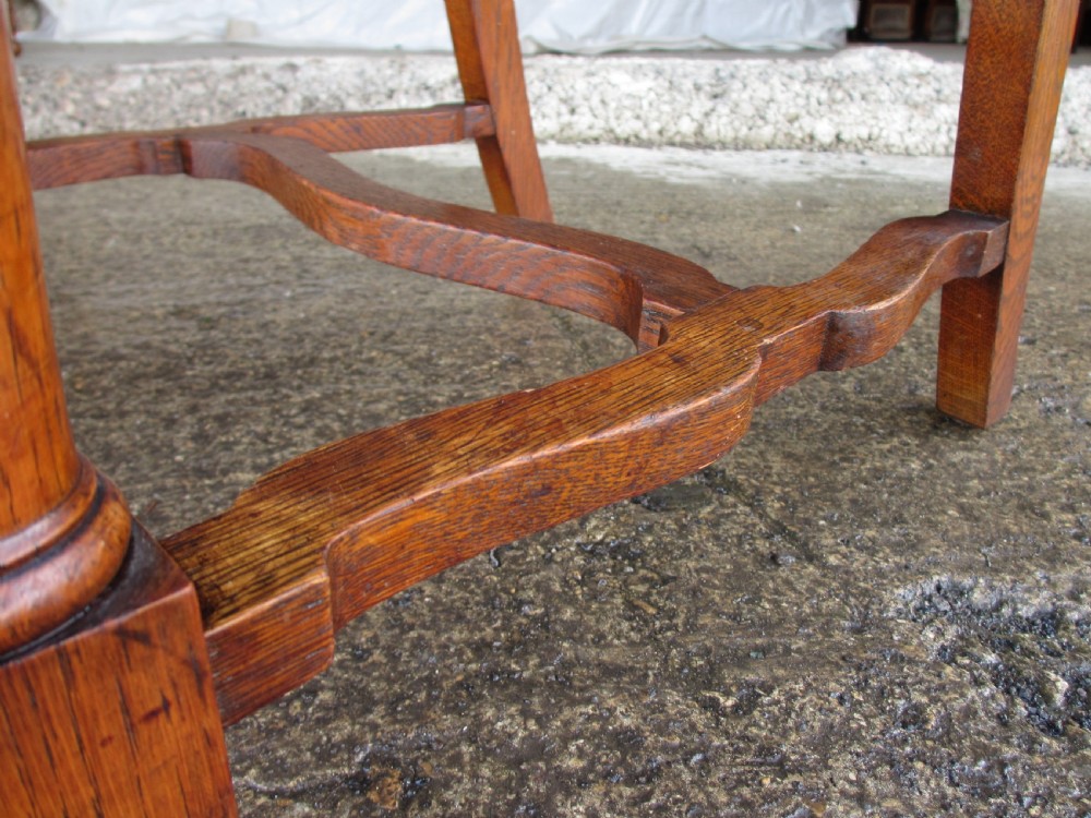 Set of 4 quality Art Nouveau golden oak dining chairs high slatback wavey stretcher View XIV