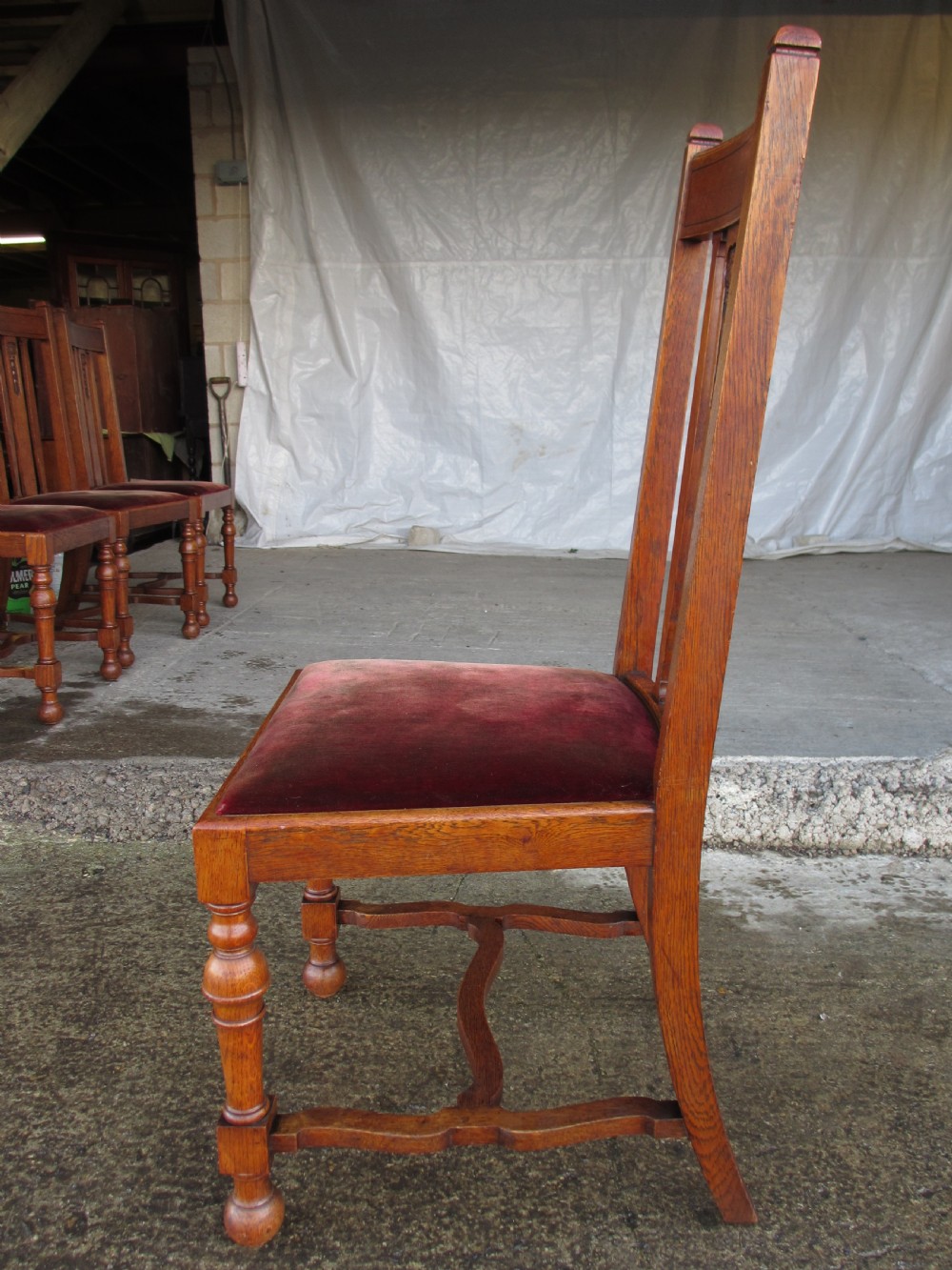 Set of 4 quality Art Nouveau golden oak dining chairs high slatback wavey stretcher View XV