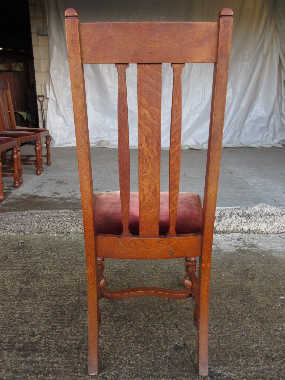 Set of 4 quality Art Nouveau golden oak dining chairs high slatback wavey stretcher View XVI