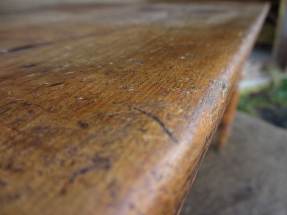 Victorian pine kitchen table with large cutlery drawer on turned legs View V