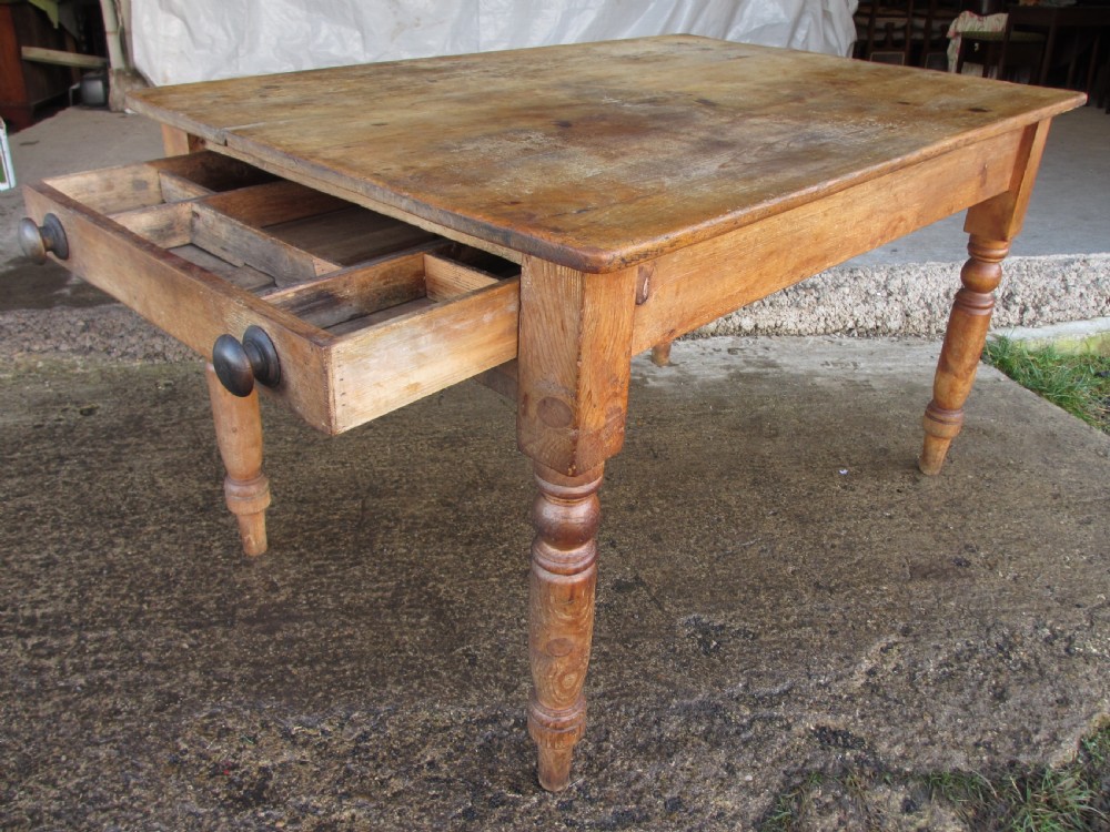 Victorian pine kitchen table with large cutlery drawer on turned legs View XI