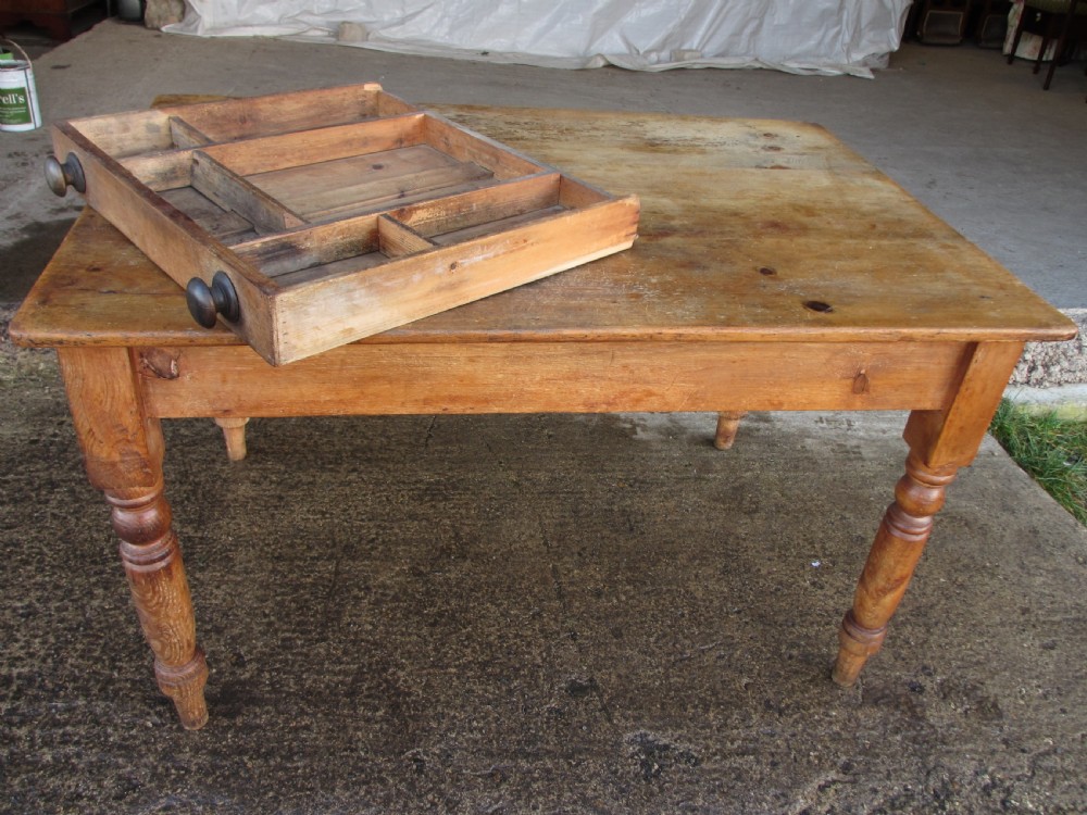 Victorian pine kitchen table with large cutlery drawer on turned legs View XIII
