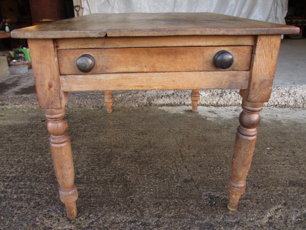 Victorian pine kitchen table with large cutlery drawer on turned legs View XVI