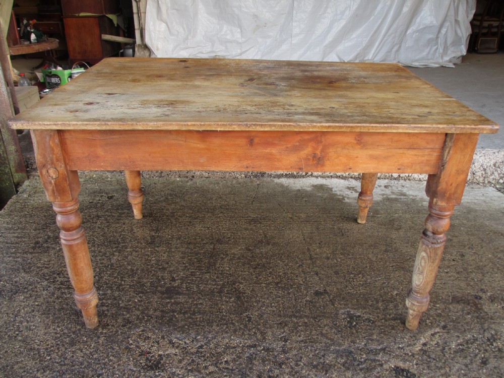 Victorian pine kitchen table with large cutlery drawer on turned legs View XVII