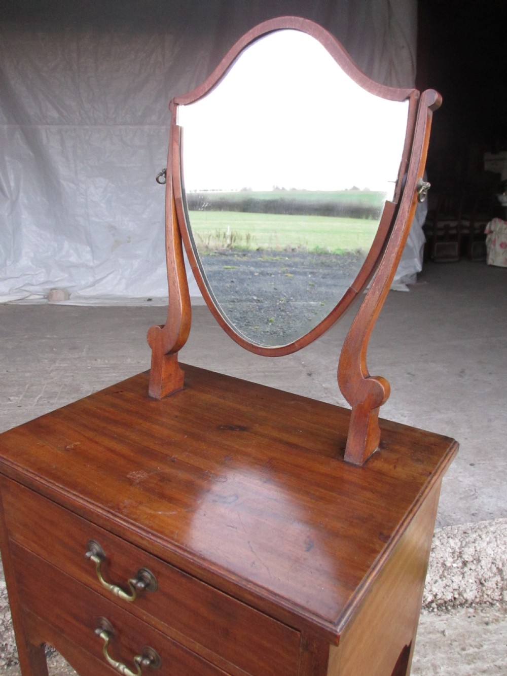 Edwardian mahogany shaving stand with shield mirror and 2 drawers View III