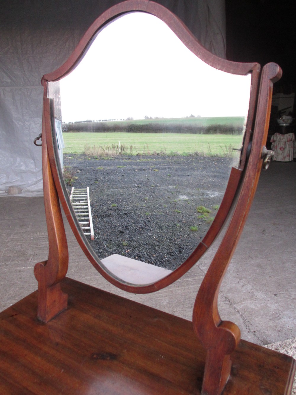Edwardian mahogany shaving stand with shield mirror and 2 drawers View VII