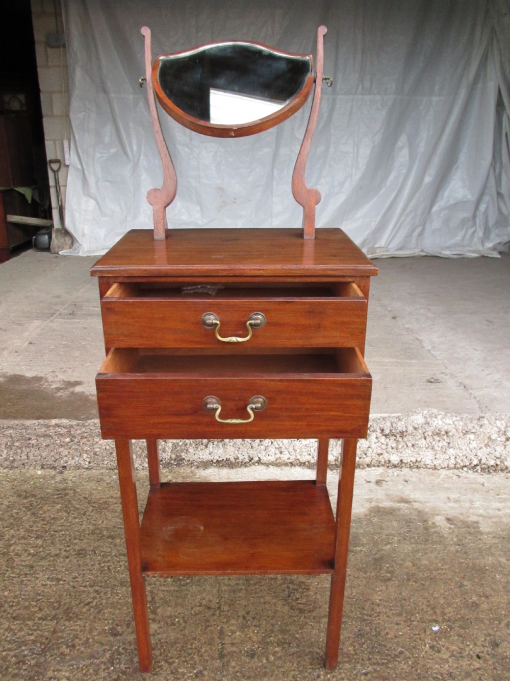 Edwardian mahogany shaving stand with shield mirror and 2 drawers View XI