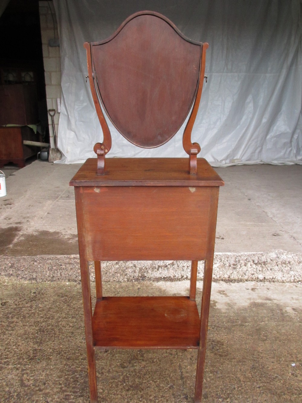 Edwardian mahogany shaving stand with shield mirror and 2 drawers View XIII