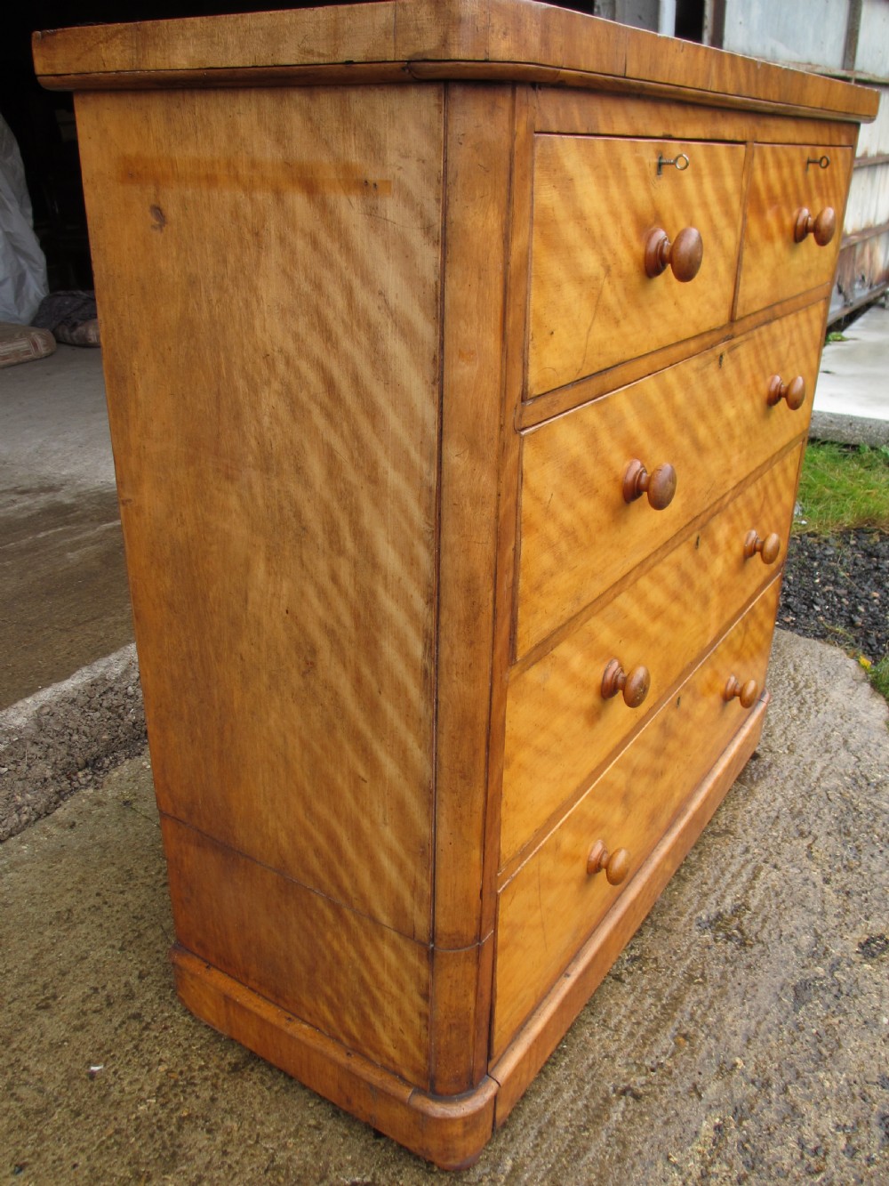 Victorian satinwood tall chest of drawers, 2 over 3, with key