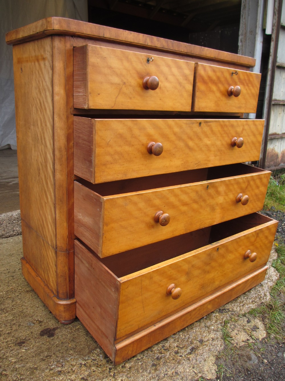 Victorian satinwood tall chest of drawers, 2 over 3, with key View VIII