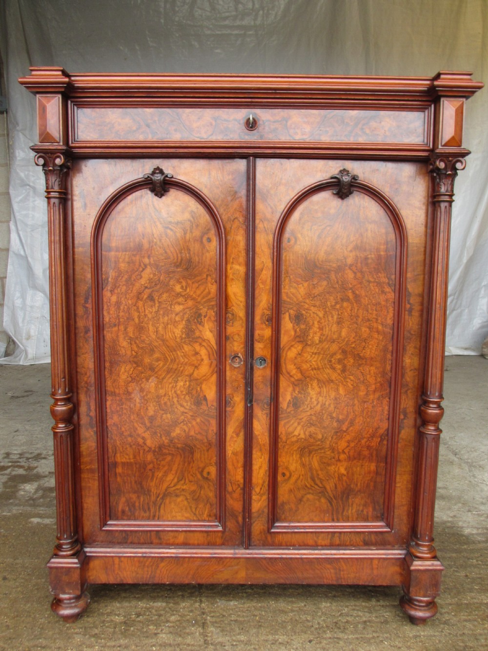 Superb victorian burr walnut cabinet buffet with key View II